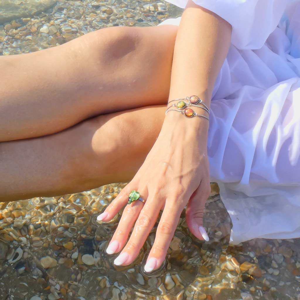 Microcosmoses BRACELET STEEL BRACELET ORANGE FIRE ~ CRYSTAL GREEN | ST. STEEL | PERFECT FIT | REFLET